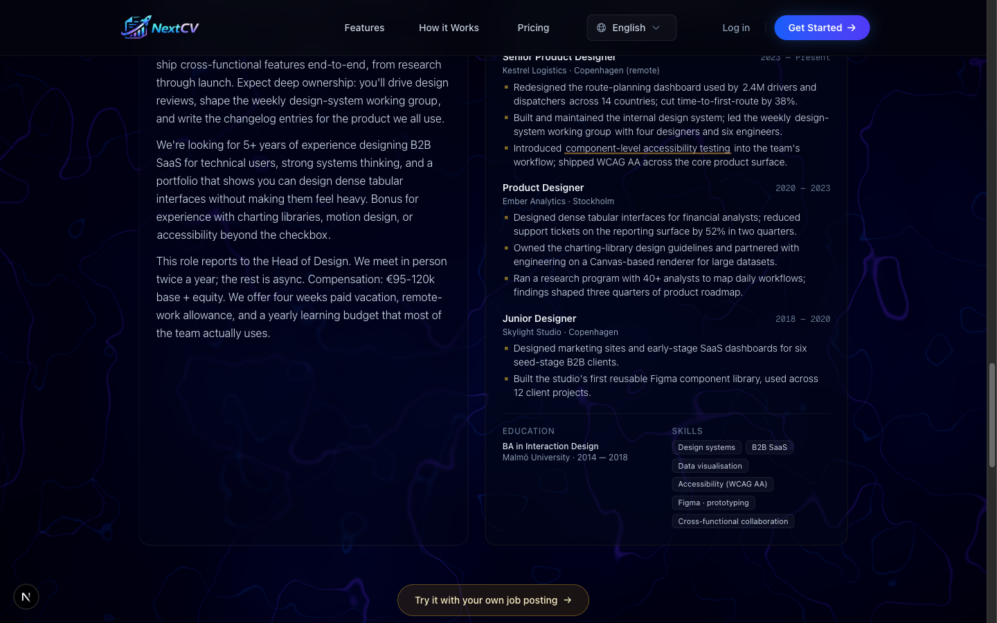 NextCV generates human-sounding cover letters tailored to each job posting